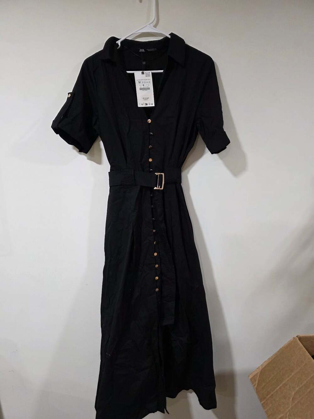 Zara Black Belted Midi Shirt Dress with Gold Buttons Size M